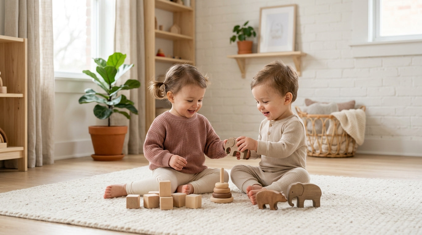 Two toddlers in neutral organic cotton fighting over a wooden block while their dad looks exhausted.