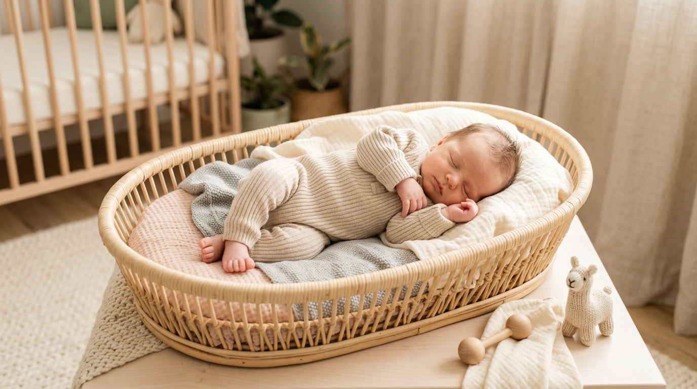 Exhausted mom holding her sleeping newborn in a dim nursery