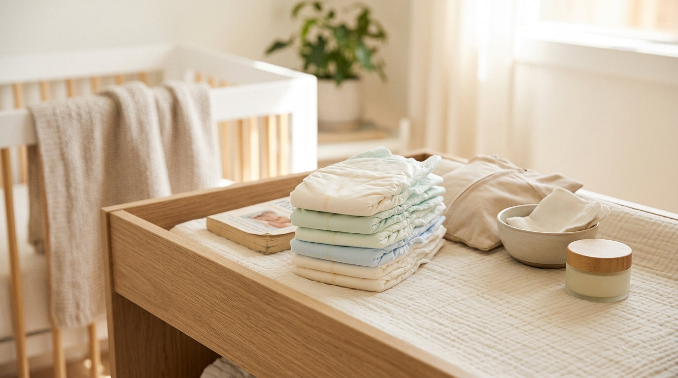 Tired dad staring at a massive stack of newborn baby diapers.