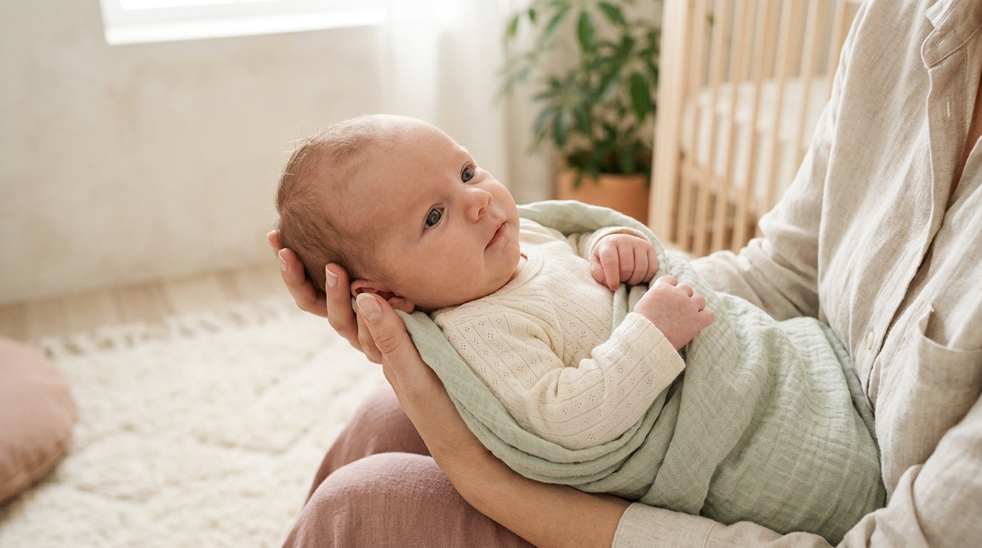 Dad holding an 11-month-old baby making eye contact in a Portland coffee shop
