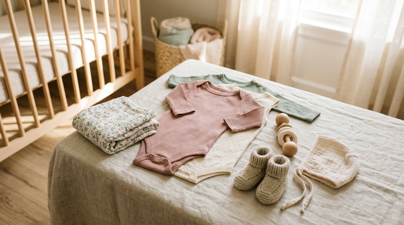 Dad holding twin newborn baby girls wearing simple organic cotton bodysuits