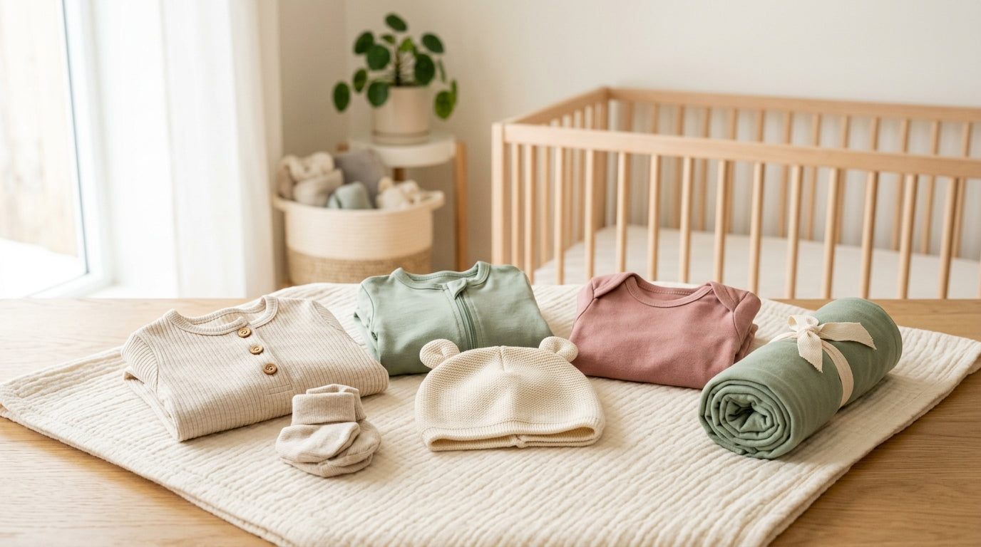 A pile of discarded newborn clothes next to a sleeping baby in a simple cotton bodysuit