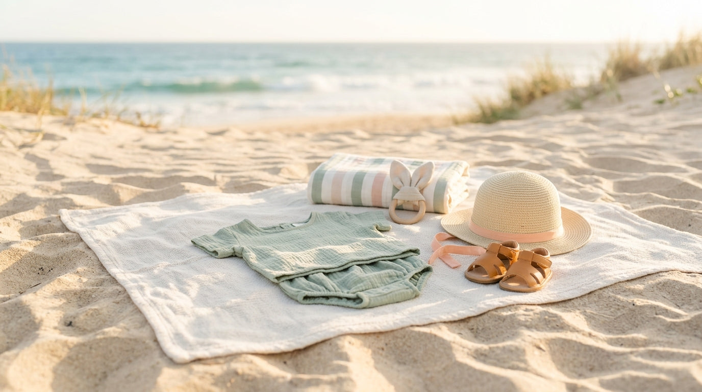 Two exhausted parents attempting to put a UPF sunsuit on a squirming newborn at the beach.