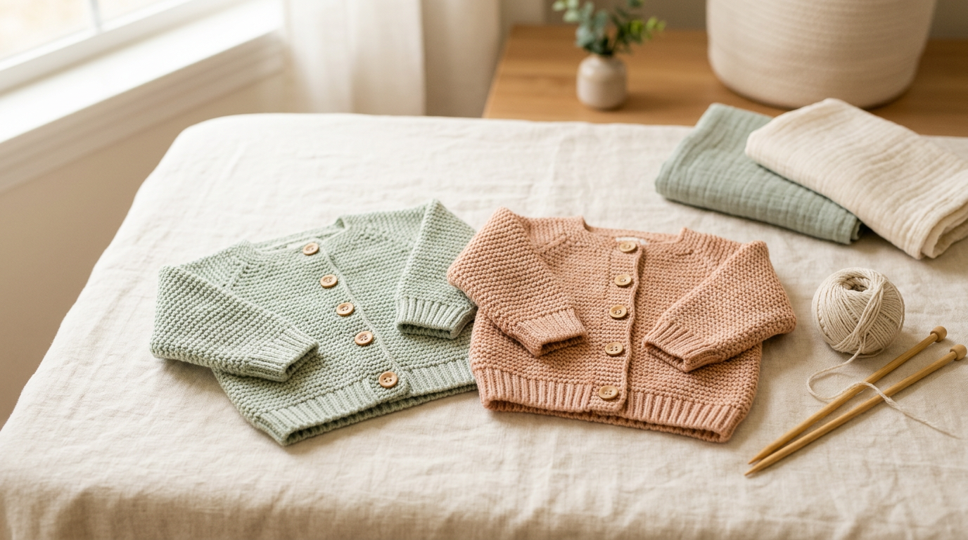 A half-finished yellow knitted baby cardigan on an organic cotton blanket