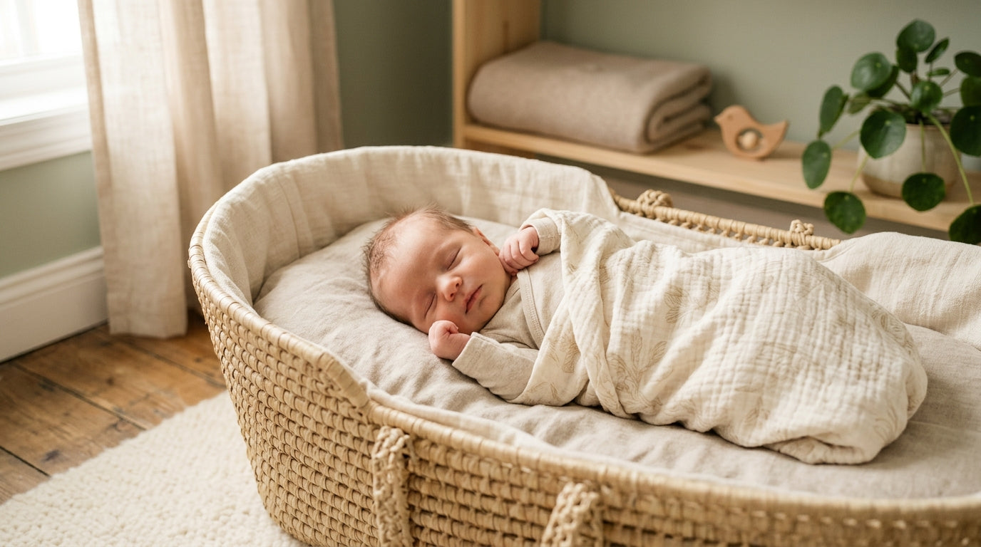 Exhausted mom holding a crying newborn baby in a dimly lit nursery room.