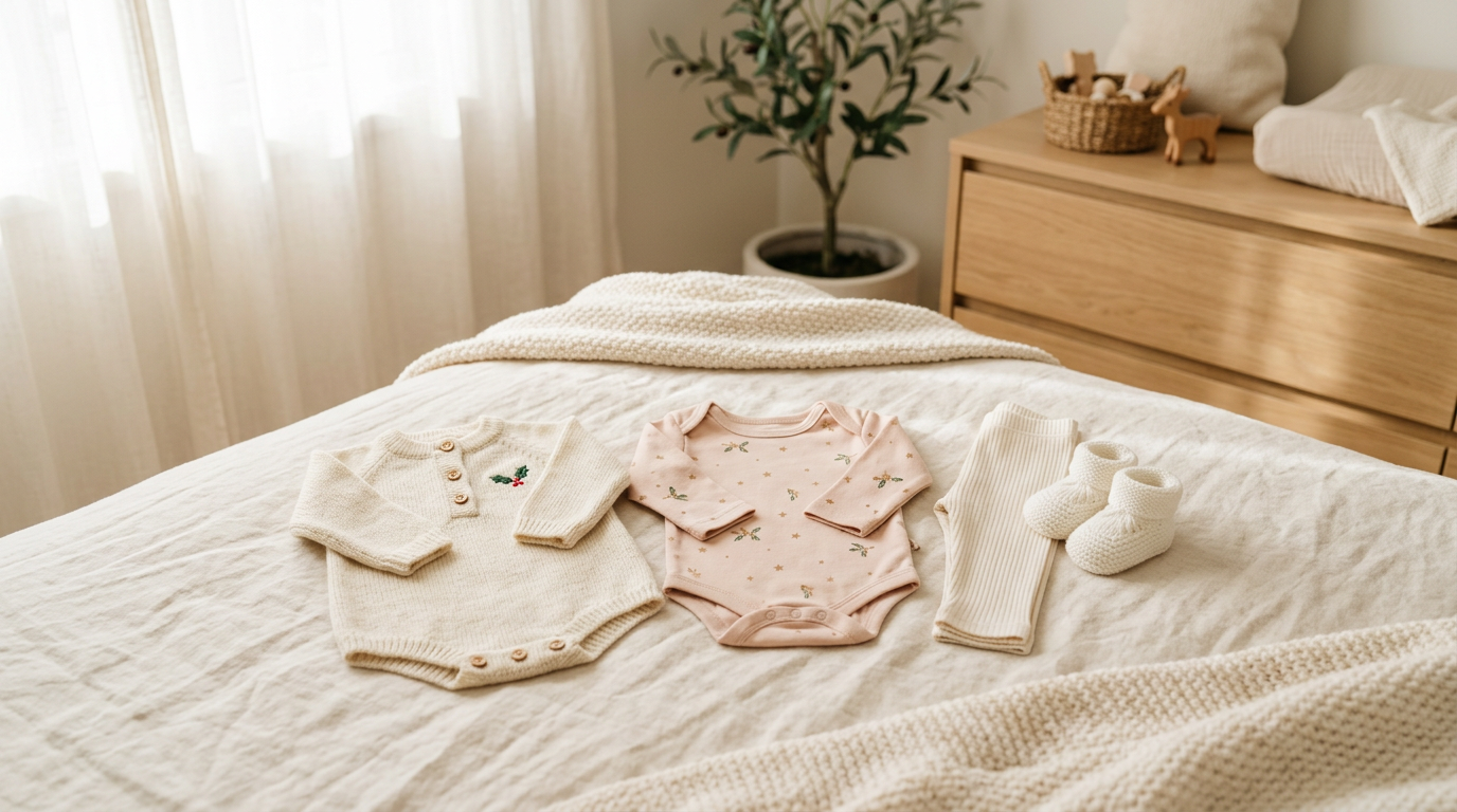 A baby in a comfortable green ribbed cotton bodysuit instead of itchy newborn holiday clothes.