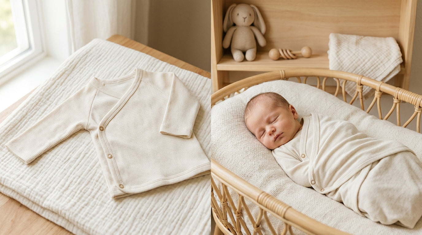 Stressed dad holding a tiny newborn kimono shirt while looking at a baby