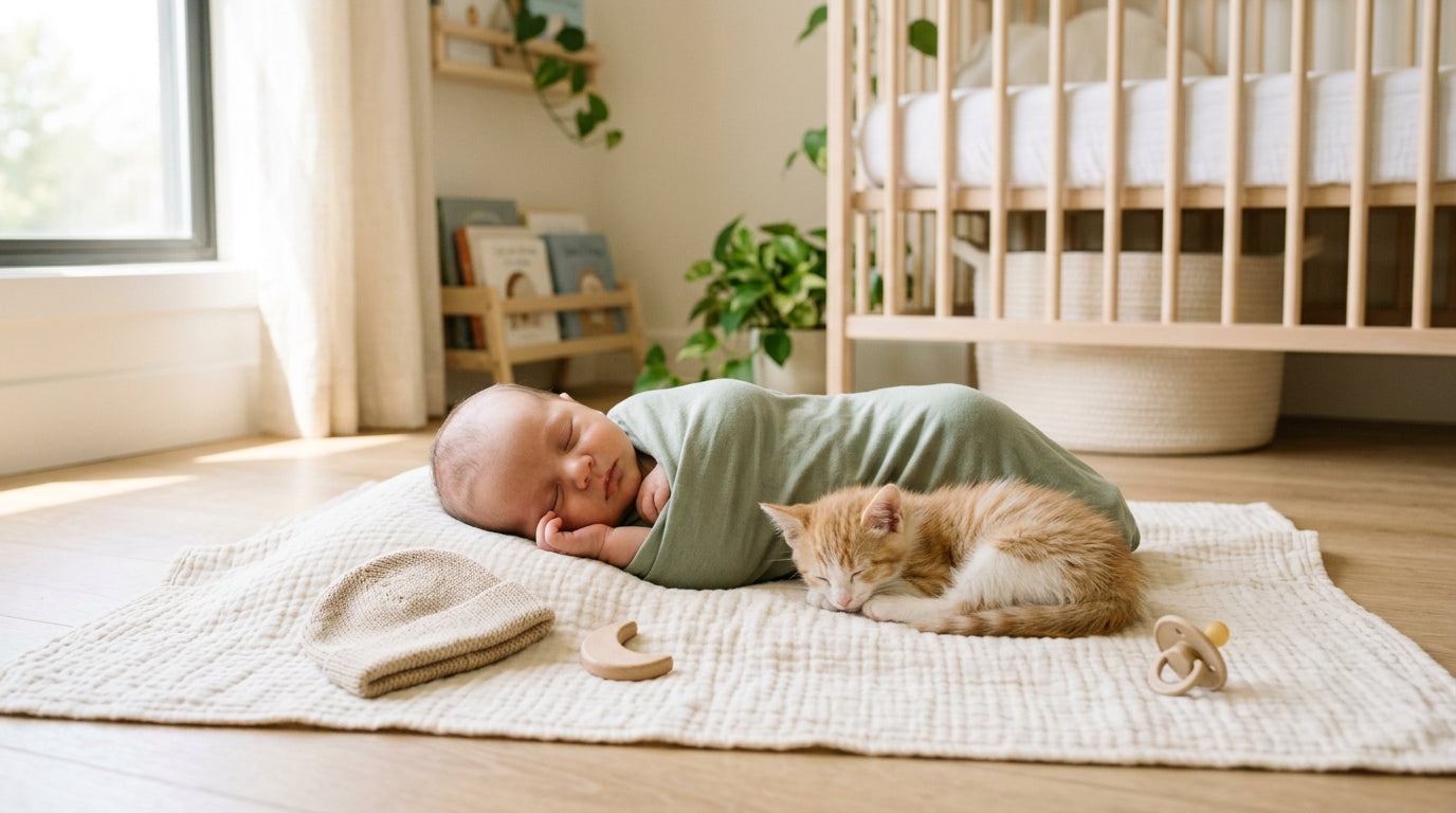 A fluffy kitten sitting next to a sleeping baby wrapped in a bamboo blanket.