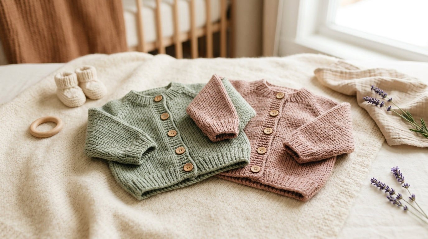 Soft organic newborn knitted cardigan laid flat on a changing table next to wipes.