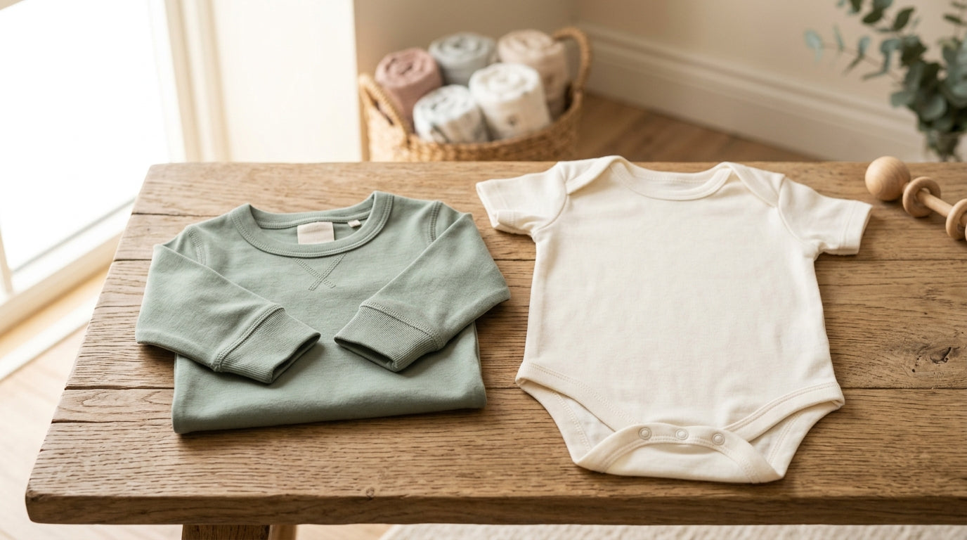 A frustrated tired mom holding a tiny white newborn long sleeve t shirt over her coffee cup