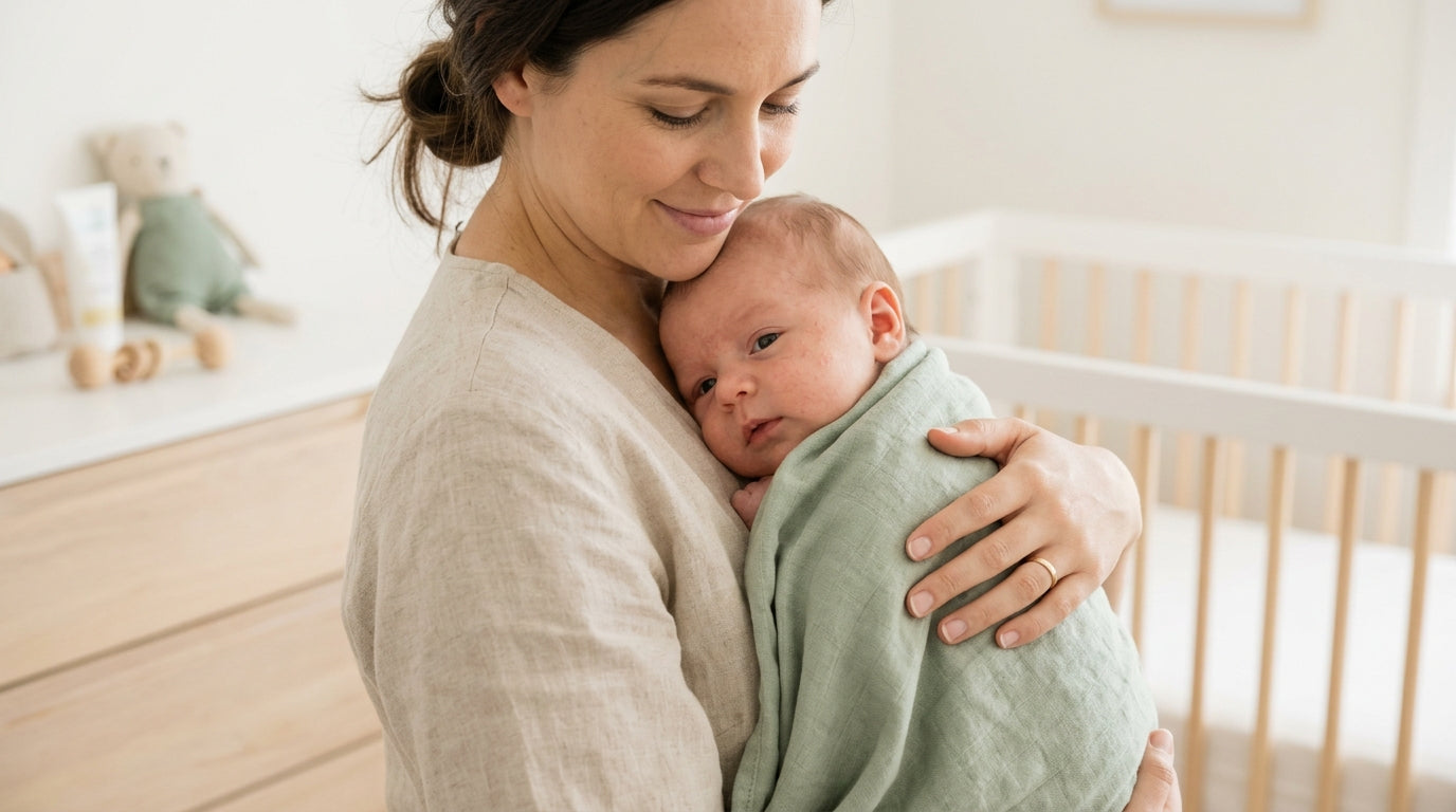 Sleep-deprived dad inspecting spots on a two-month-old baby's face in dim light