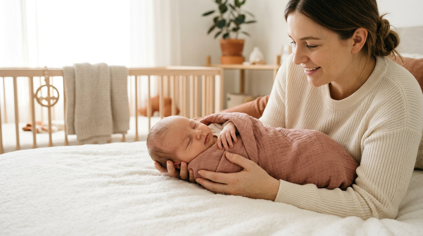 Exhausted mother holding a newborn in a dimly lit nursery