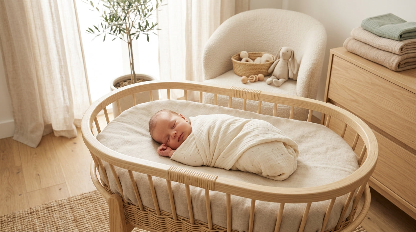 Tired mom holding a sleeping newborn in a nursery