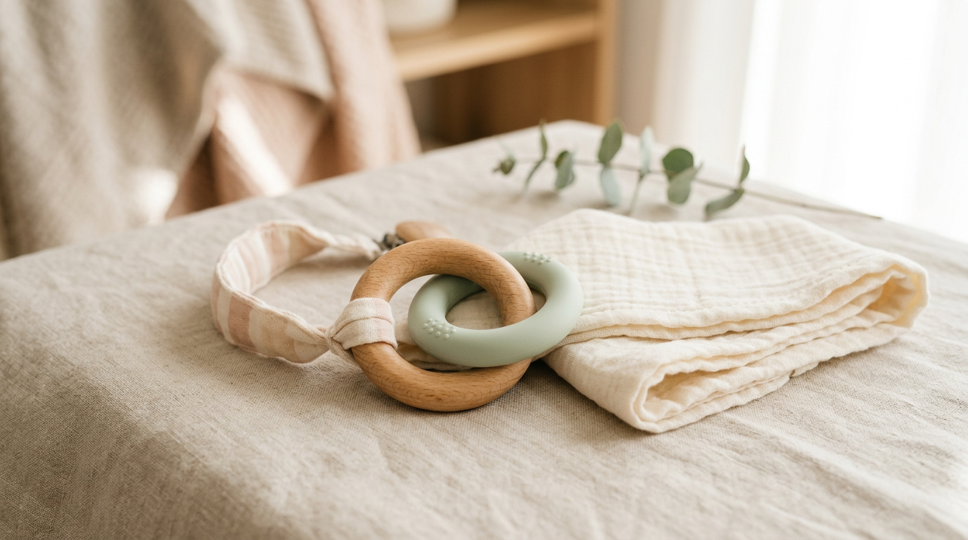 A very drooly baby aggressively chewing on a wooden fox teething ring