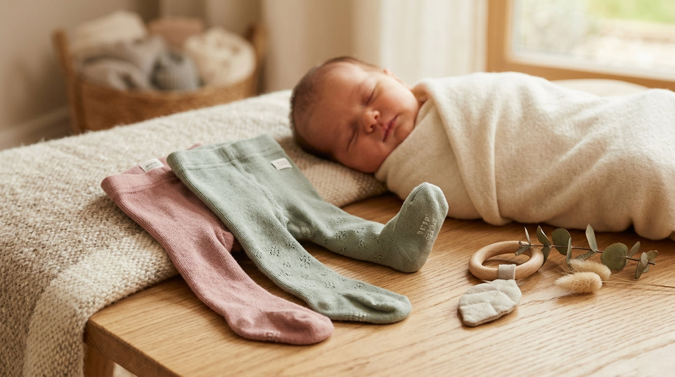 A squirmy baby wearing organic cotton tights with the feet sliding halfway down their ankle on a playmat.