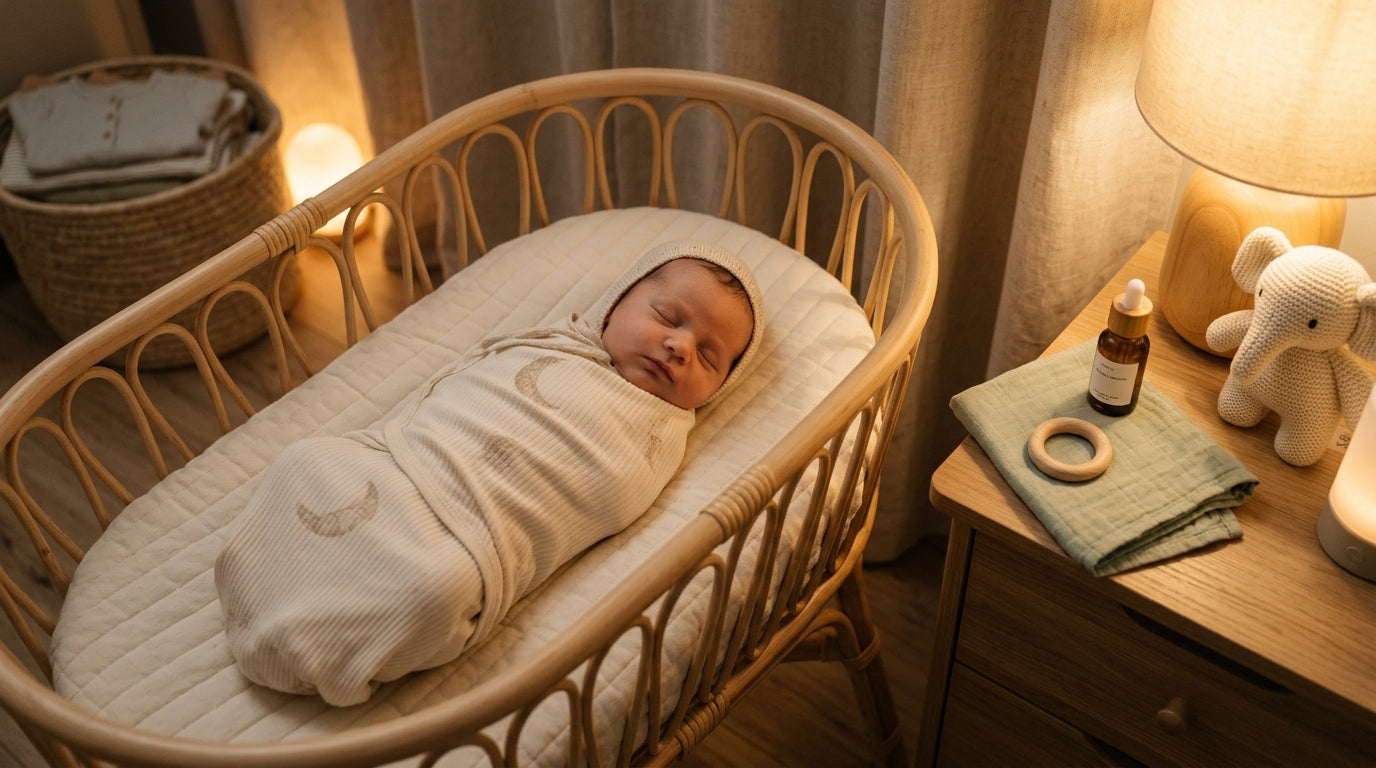 Tired mom in messy bun sitting in a dim nursery holding a squirming newborn