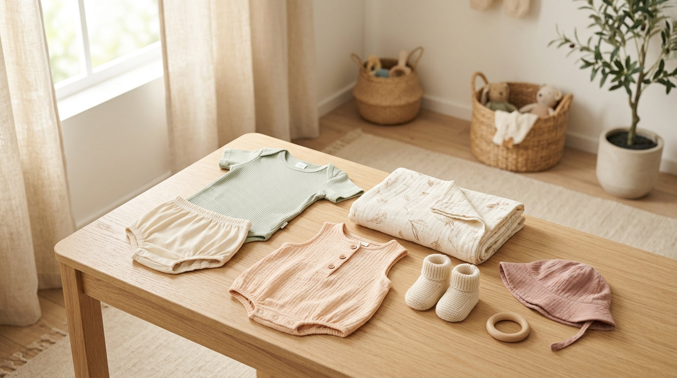 Exhausted dad looking at a pile of tiny baby clothes in the summer heat