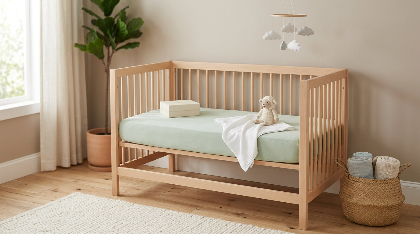 A breathable Newton baby crib mattress set up in a bright nursery