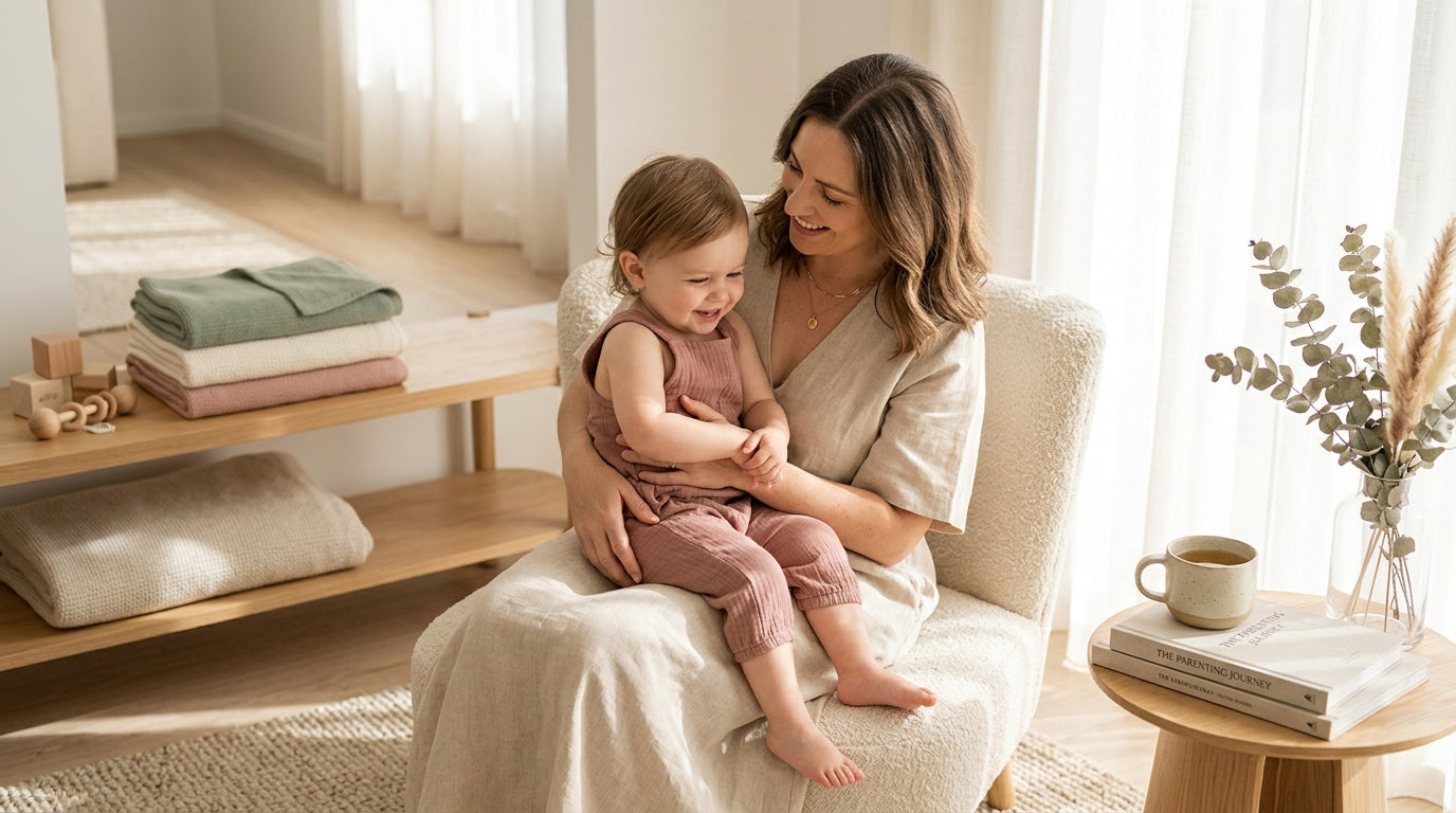 A tired mother sitting on a nursery floor holding a cup of coffee