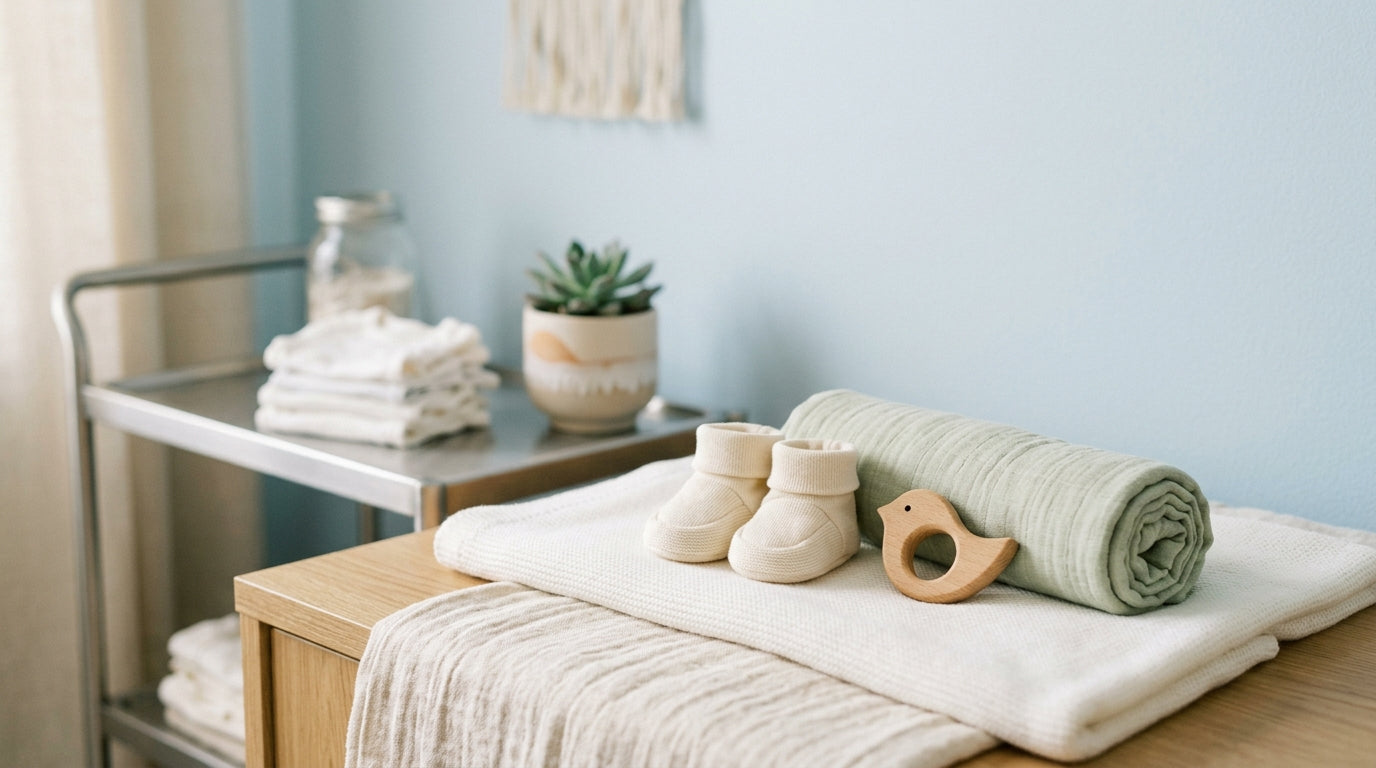 Exhausted mom holding a tiny premature infant with medical tape on their face in a hospital room.