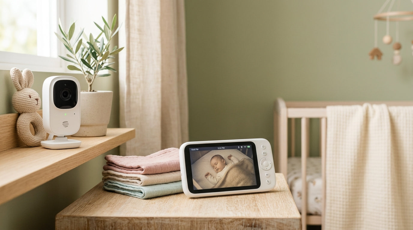 Exhausted dad staring at a glowing baby monitor smartphone app in the dark