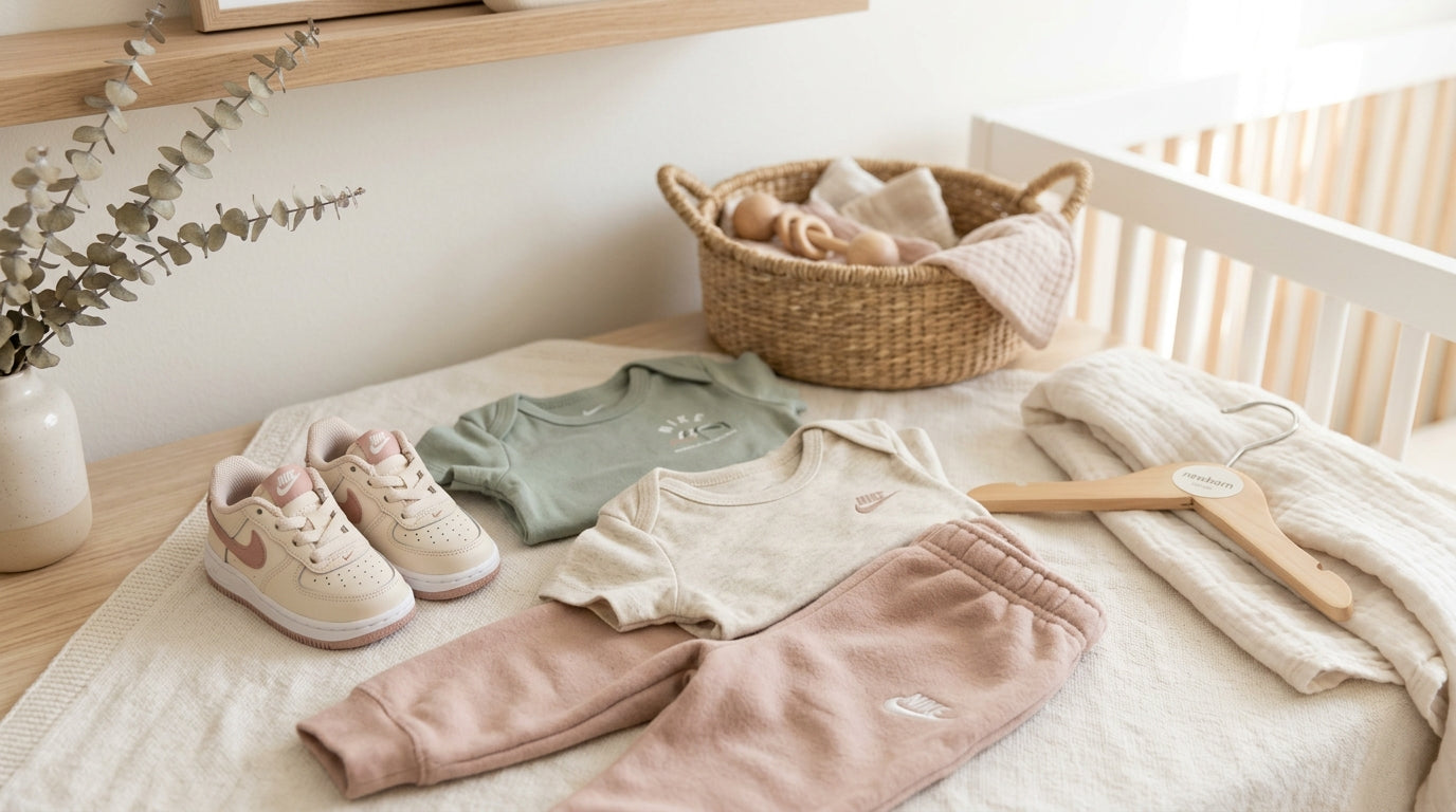A pile of folded infant athletic wear next to organic cotton onesies