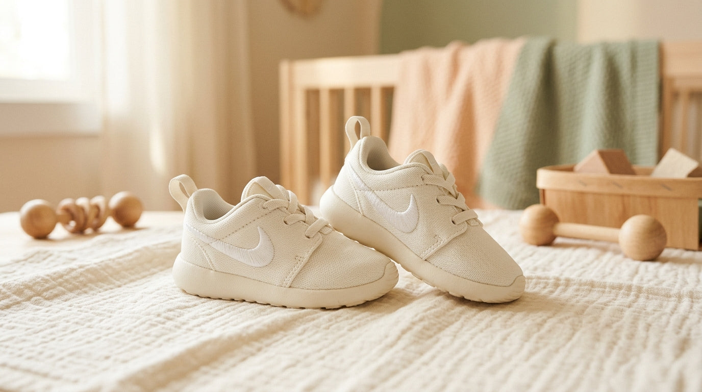 Toddler taking first steps in flexible lightweight sneakers at the park