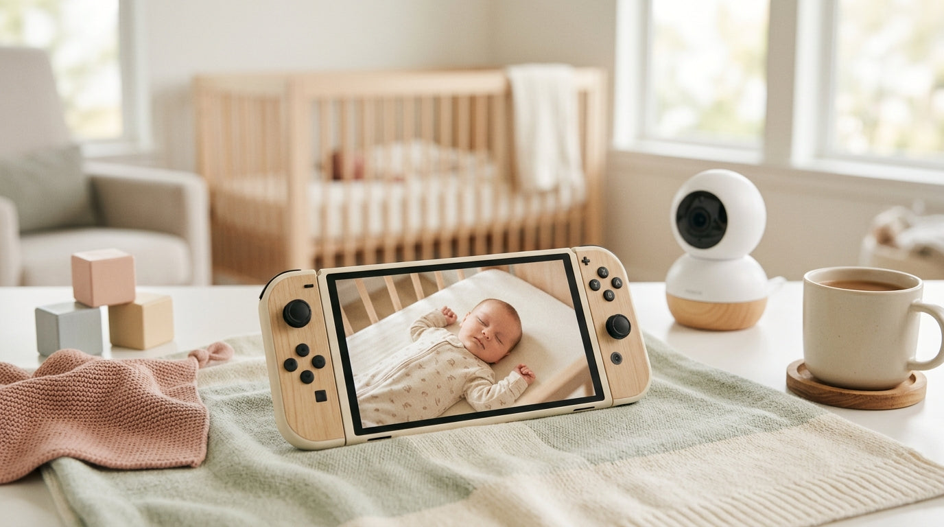 Exhausted mom holding a sleeping newborn while playing a handheld game console.