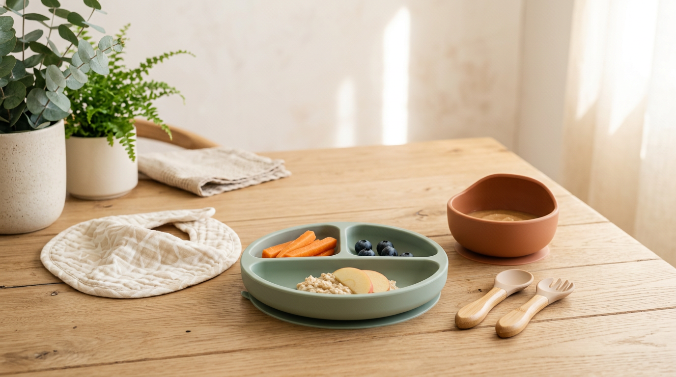 Marcus holding a heavily scratched plastic plate next to safe non toxic baby plates.