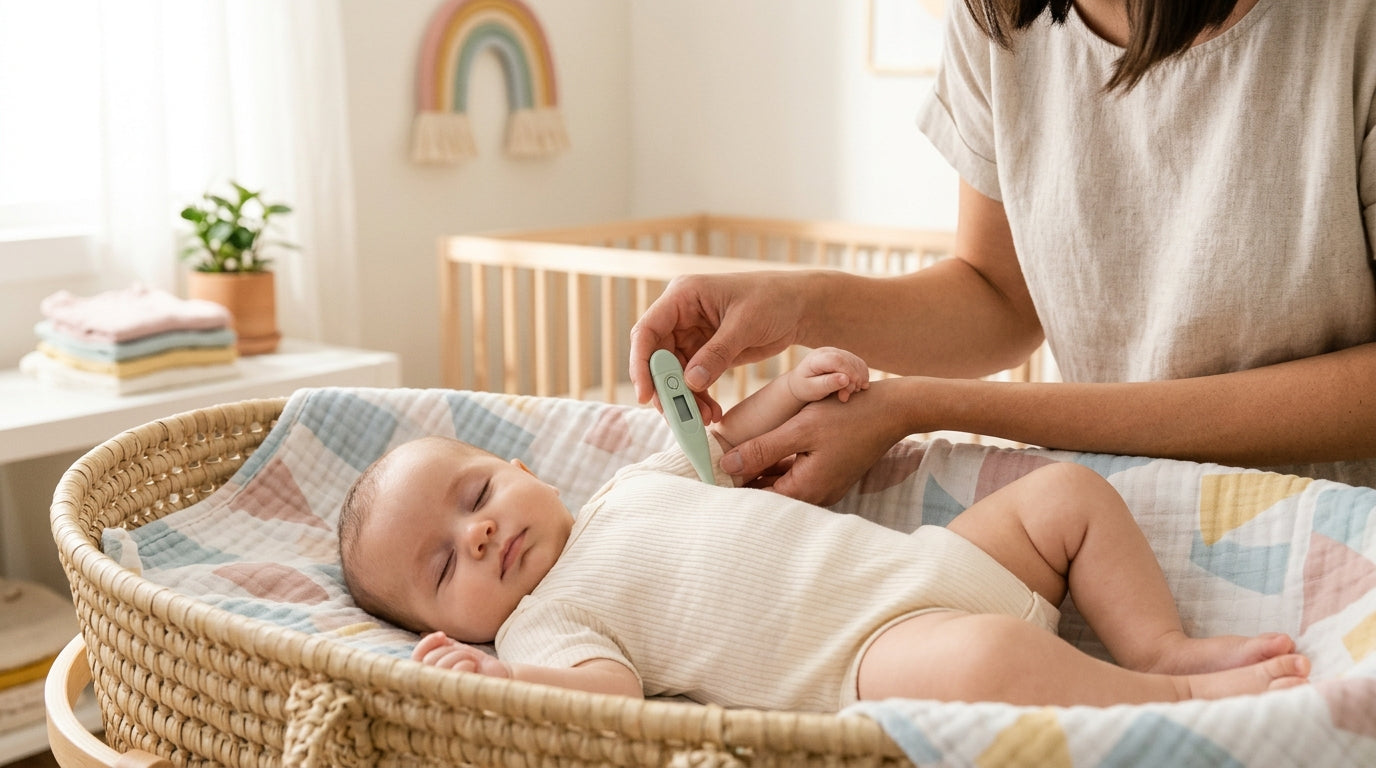 Exhausted mother holding a digital thermometer looking at her baby