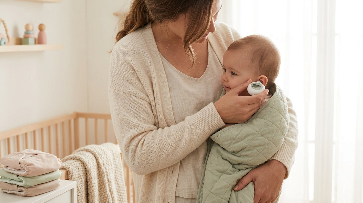 Priya reading a digital thermometer in a dark nursery