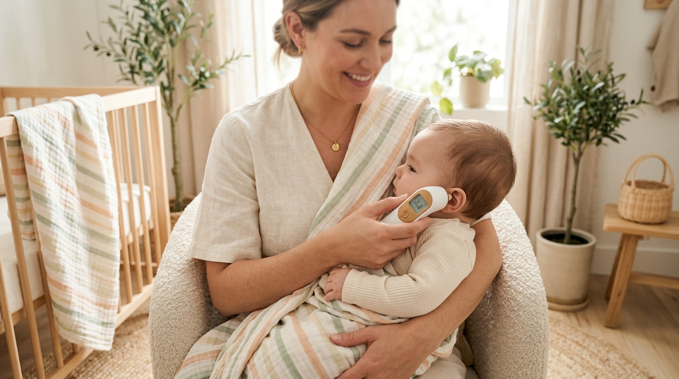A tired mom holding a digital thermometer and a fussy baby in a dimly lit nursery.