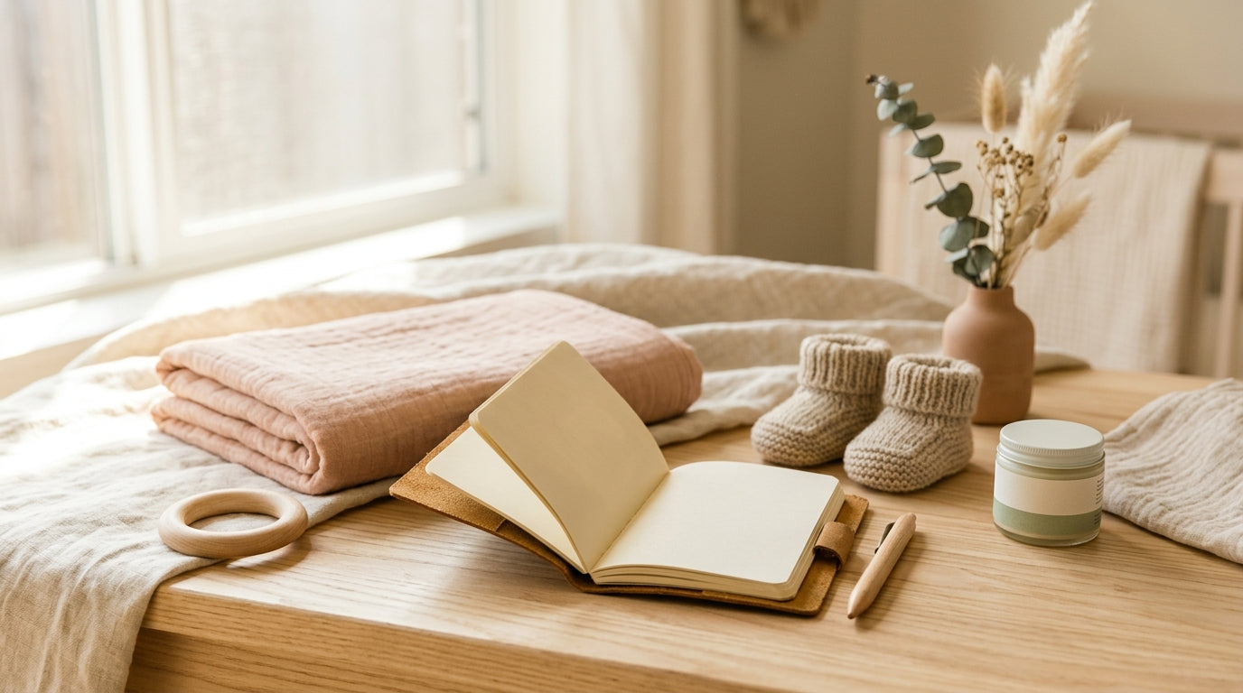 A tired mom holding her sleeping baby in a dim nursery rocker