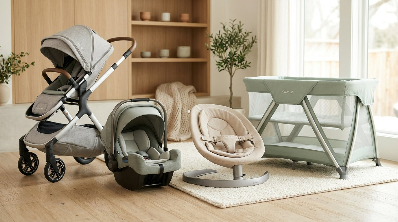 A chaotic minivan backseat featuring a premium nuna baby car seat surrounded by crushed goldfish crackers.