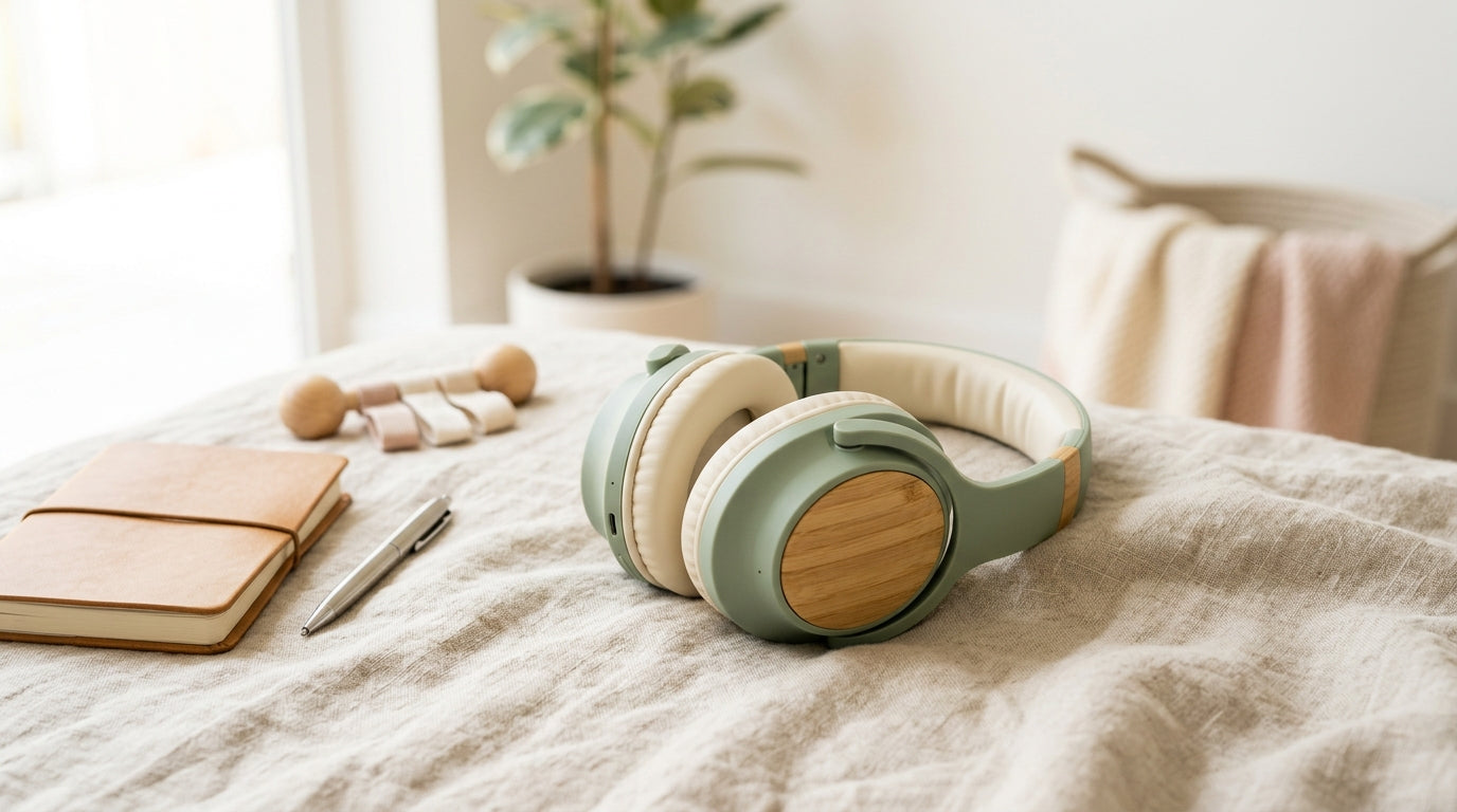 Mother placing soft acoustic earmuffs on her infant daughter's head at an event