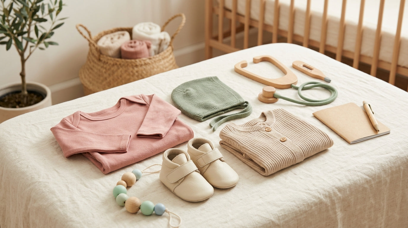 Baby in a soft green organic cotton long sleeve romper playing on a rug