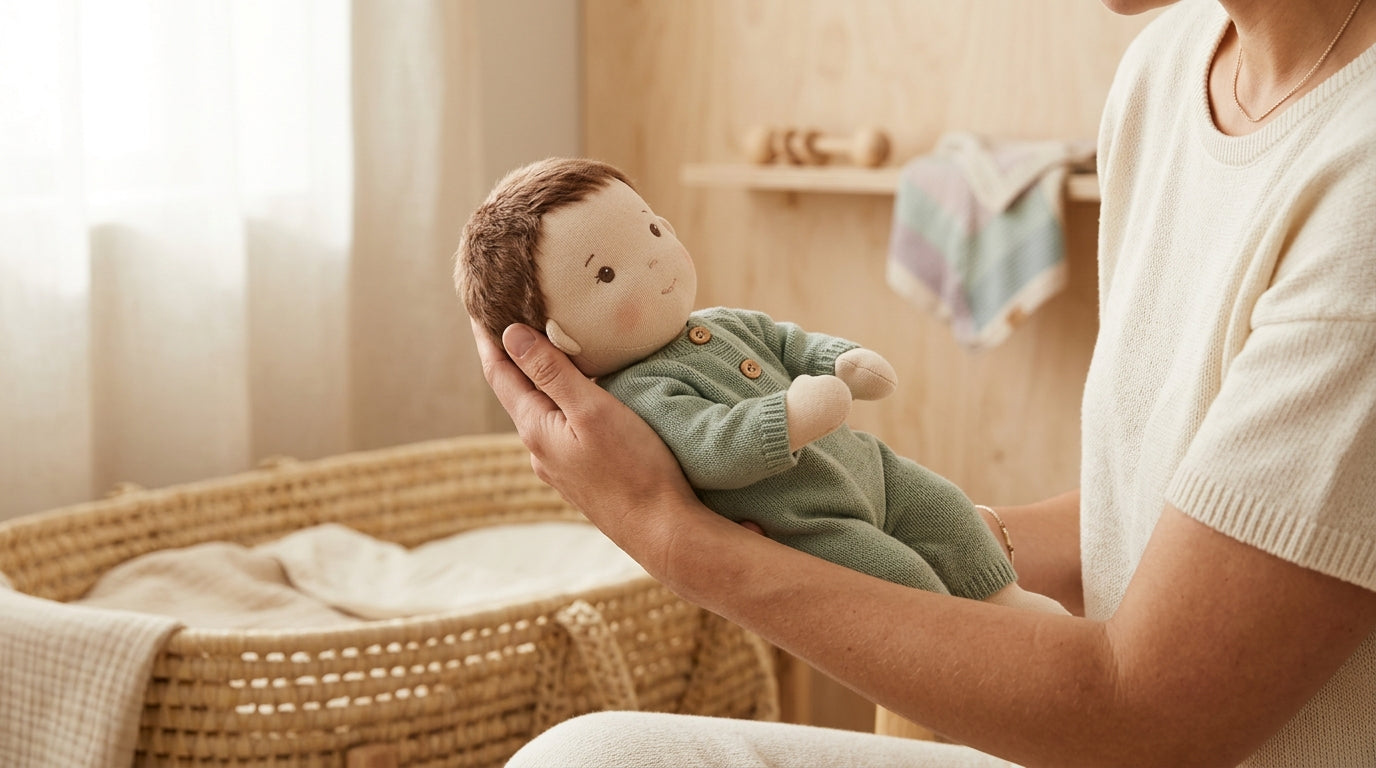 A mother inspecting a plastic toy baby for safety and cleanliness