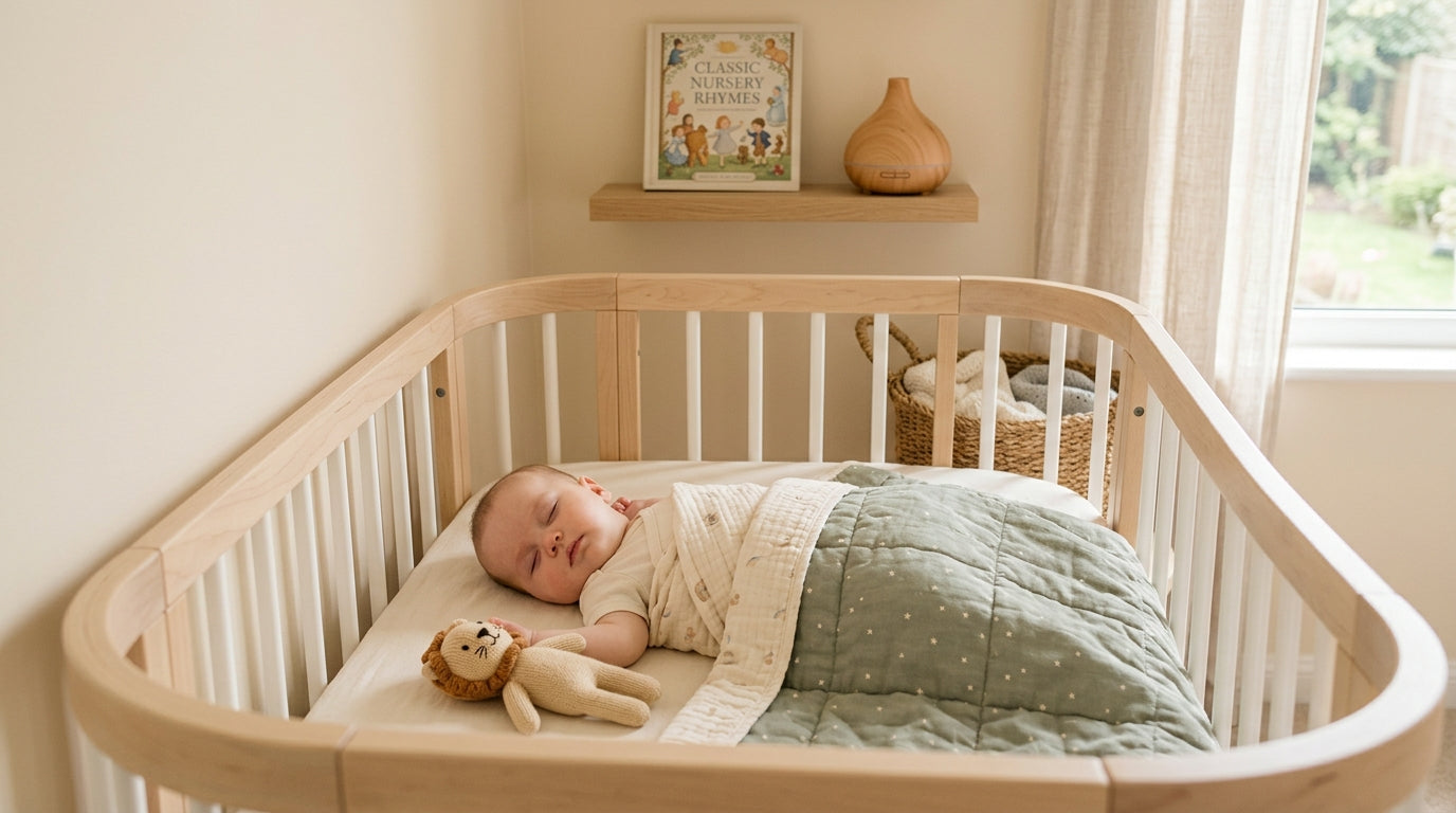 Mom holding a crying baby in a rocking chair at night while singing a lullaby