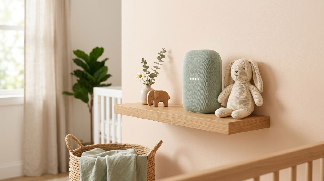 Stressed dad holding a baby next to a smart speaker and organic cotton blanket