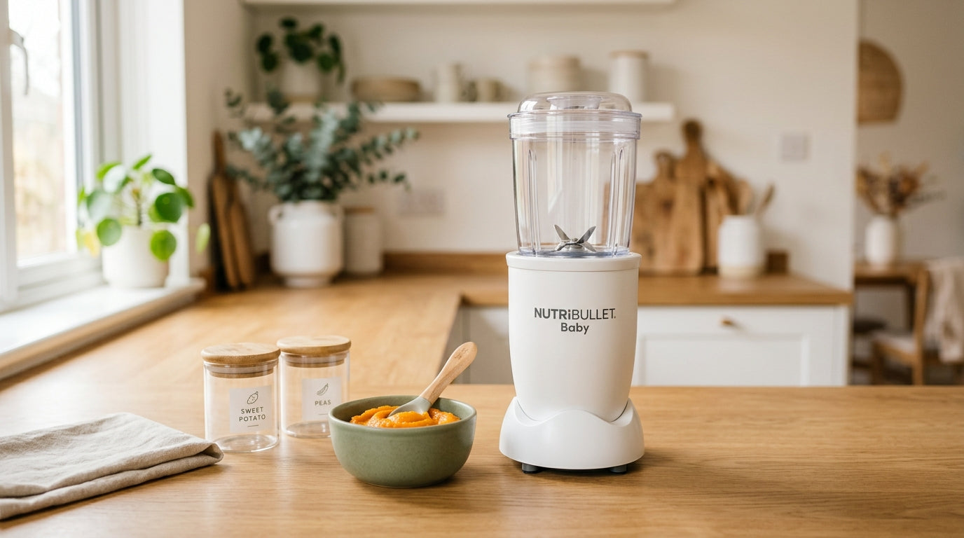 A dad holding a tiny blender cup of sweet potato puree in a kitchen