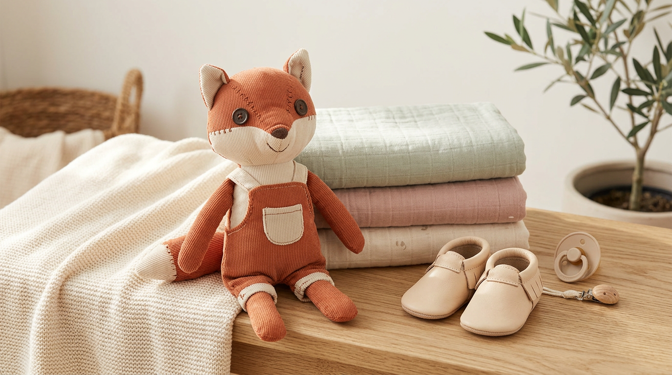 Two vintage nineties plush toys sitting safely on a high wooden nursery shelf out of reach.