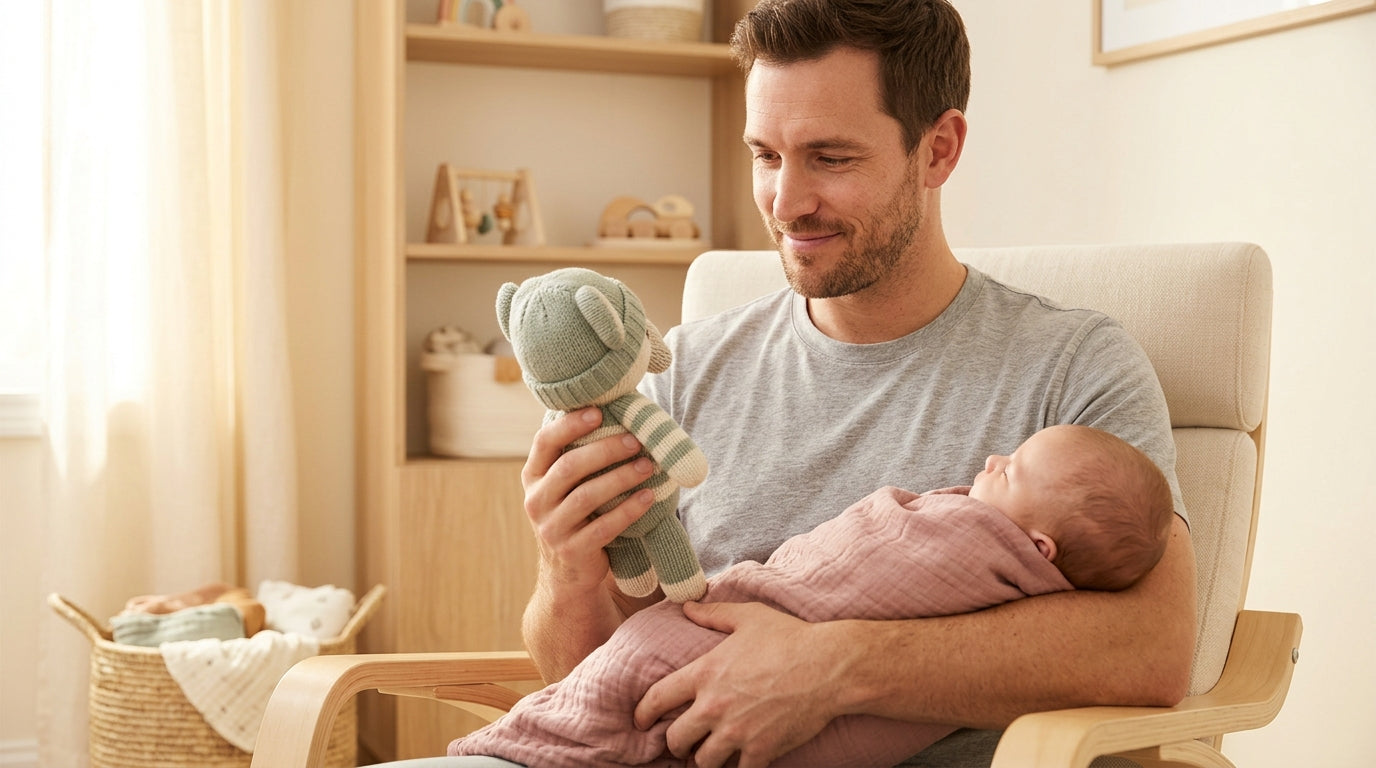 Vintage october 15 beanie baby next to a modern organic cotton bodysuit on a nursery shelf.