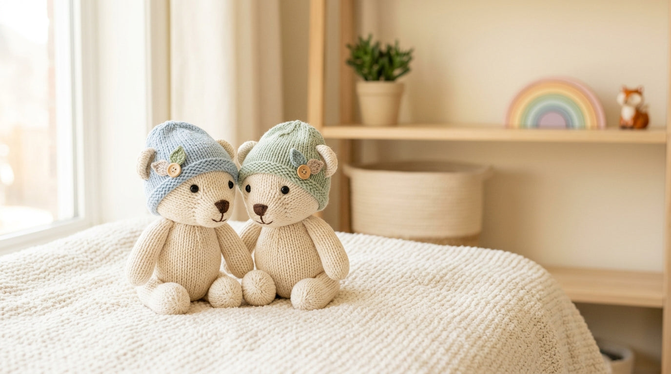 Vintage skeleton and dog plush toys sitting safely on a modern nursery shelf
