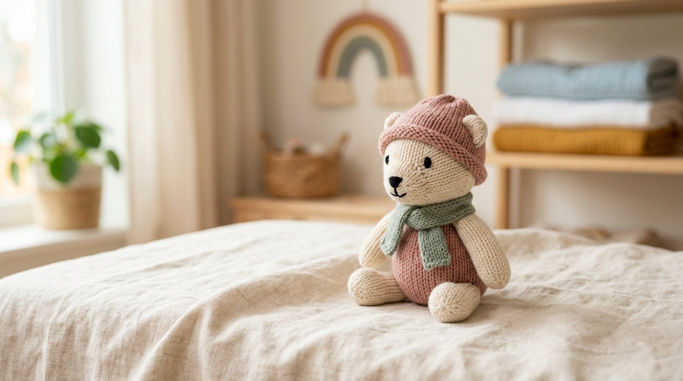 Vintage October 30th Beanie Baby bat on a nursery shelf next to organic clothes