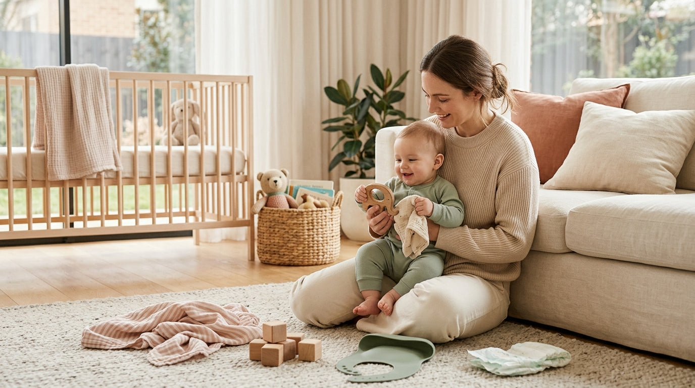 A tired father holding two identical twin baby girls in his living room