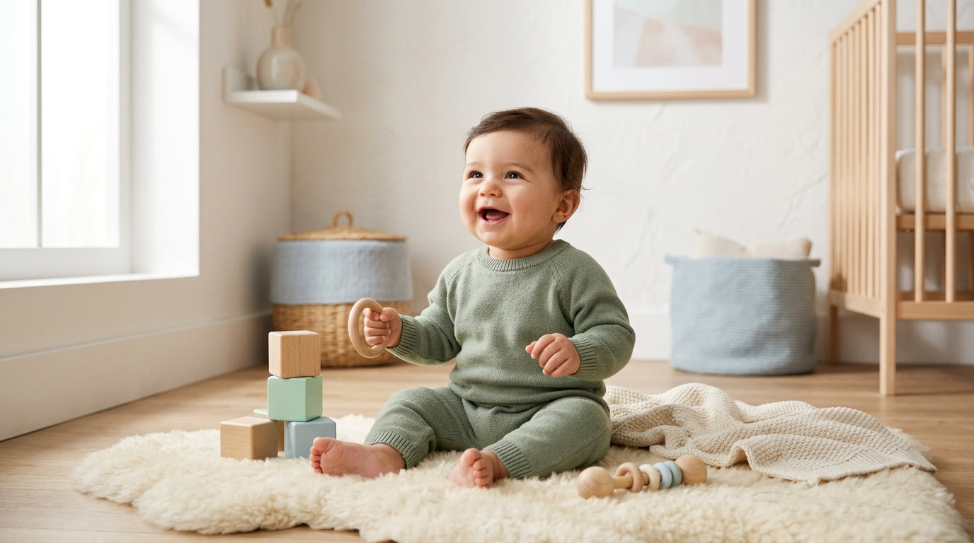 My little baby boy practicing tummy time on an organic cotton play mat in the living room