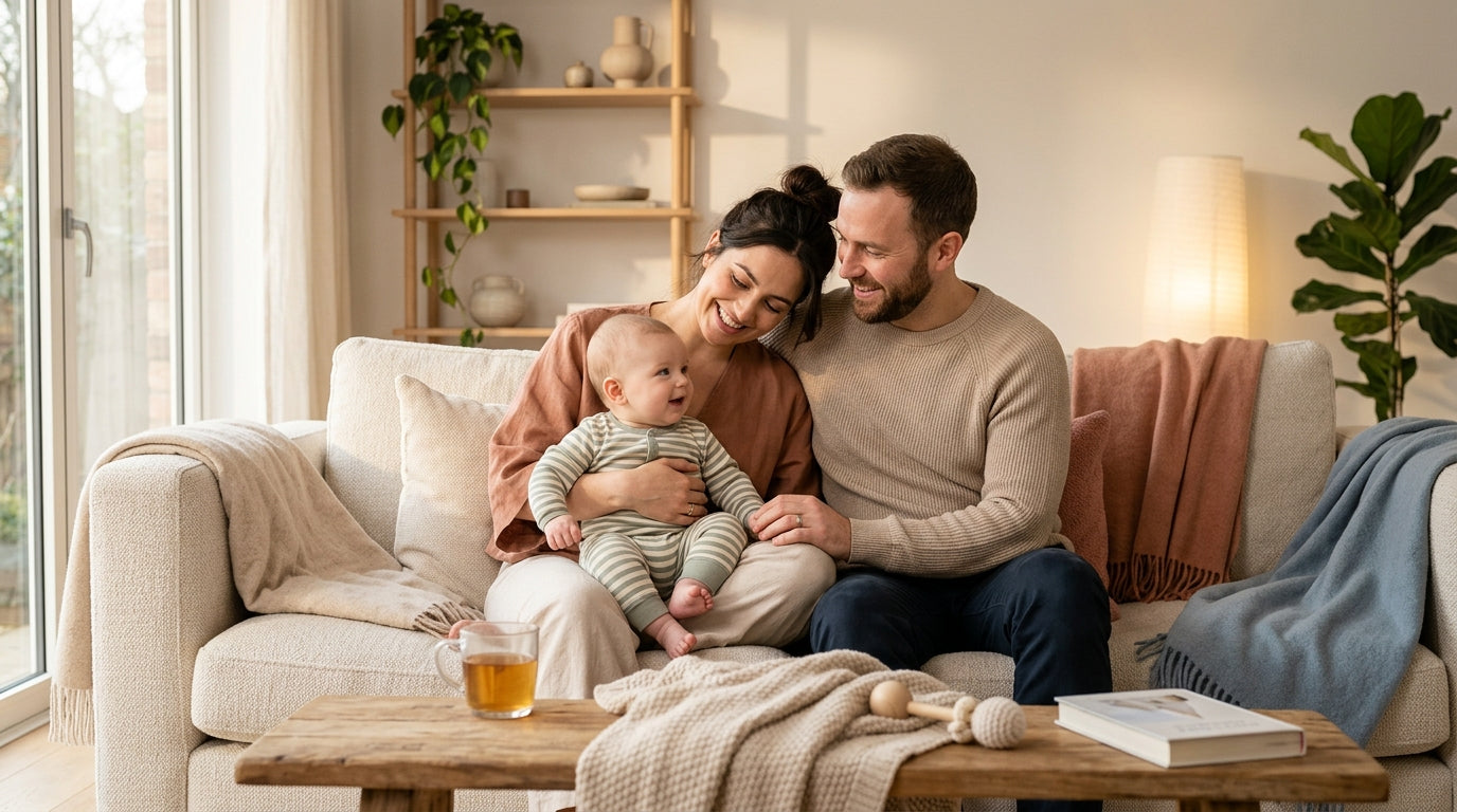 Exhausted dad sitting on a messy sofa holding a baby monitor while a film plays.