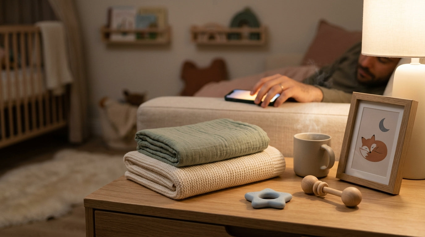 Confused British dad holding twins looking at Netflix on TV