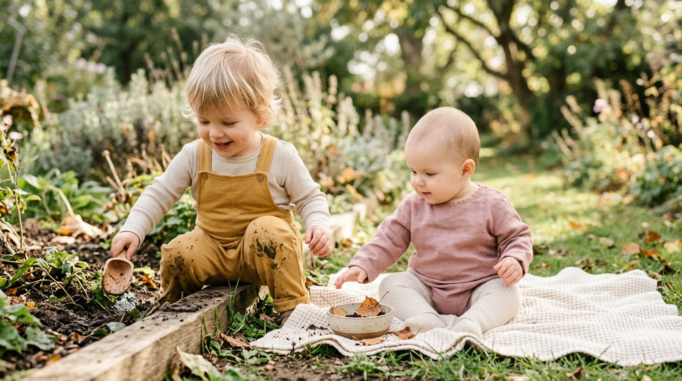 A dad holding two muddy toddlers wearing mixed organic and fast fashion basics