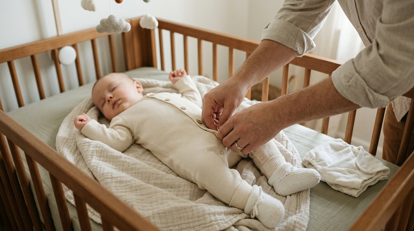 A tired mom holding a baby in a ribbed organic cotton onesie